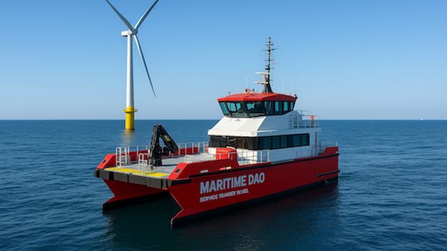 Render of the Digi CTV, a red crew transfer catamaran, alongside an offshore wind turbine.