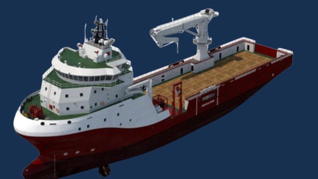 Render of the Digi OSV, a platform supply vessel with an open cargo deck and deck crane.