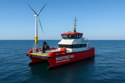 Crew transfer vessel alongside a wind turbine